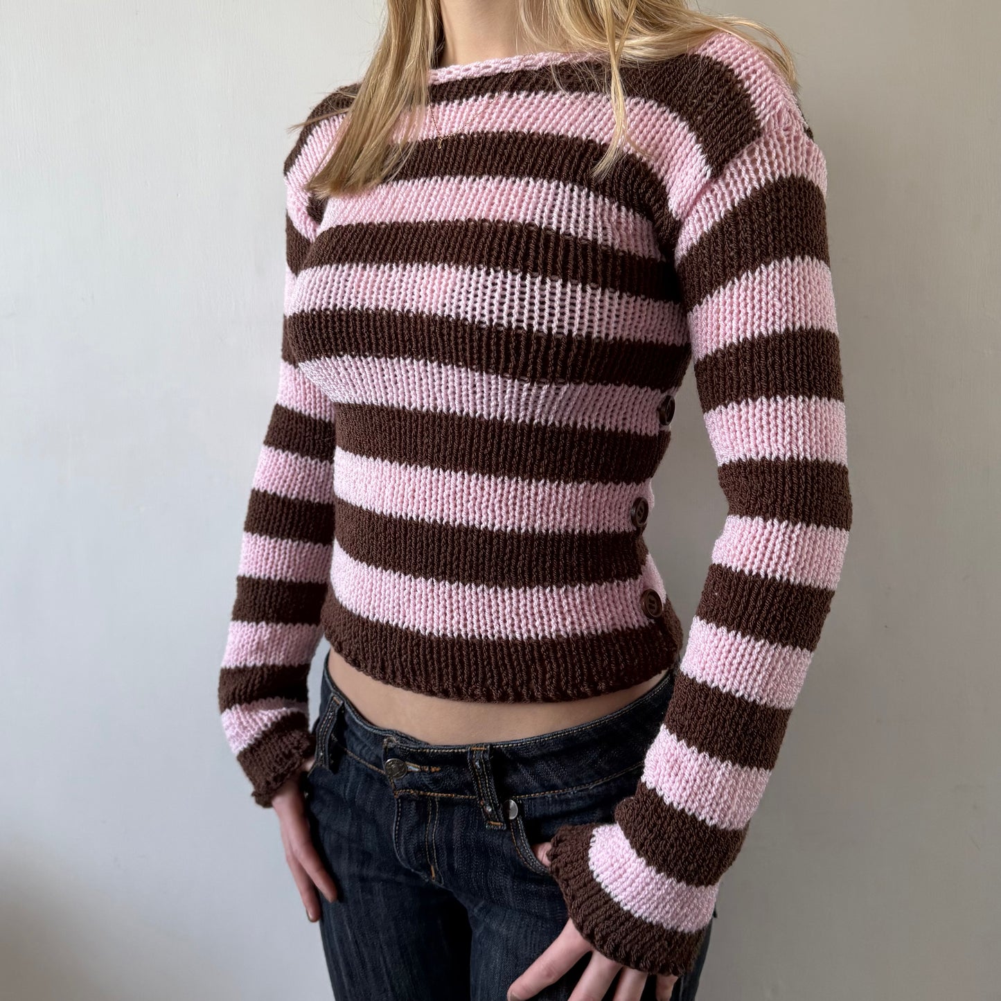 Stripe Button Jumper in Pink and Brown