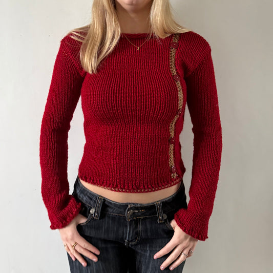 Wool Blend Red Button Jumper