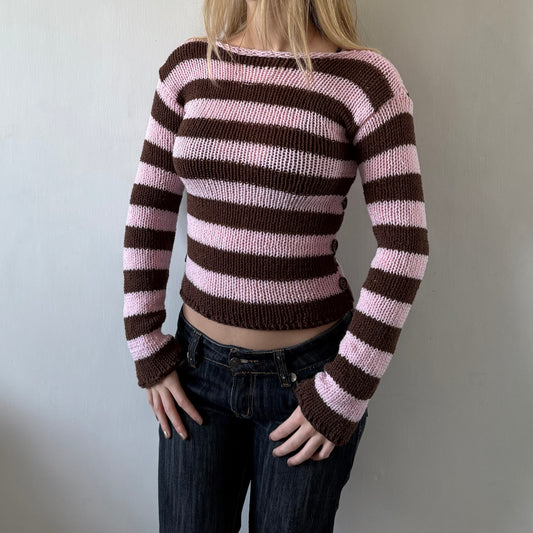 Stripe Button Jumper in Pink and Brown
