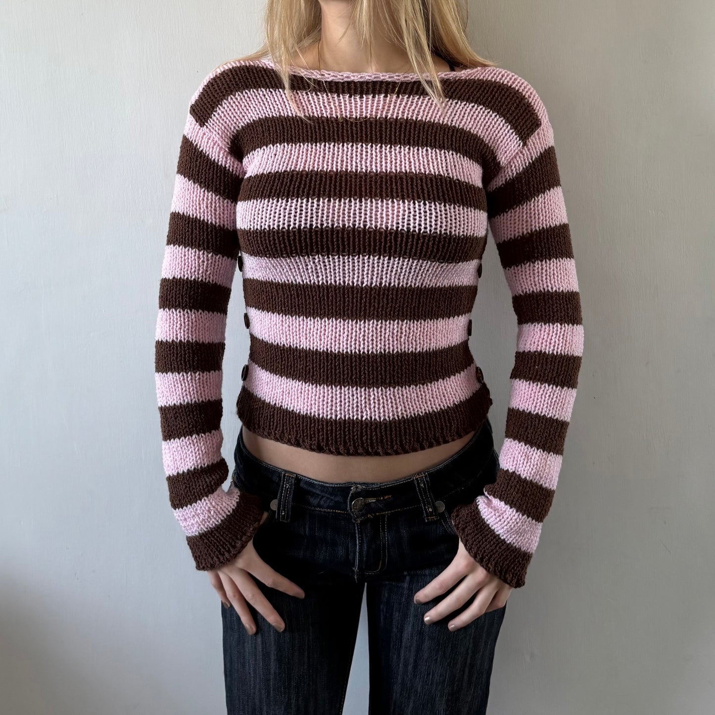 Stripe Button Jumper in Pink and Brown