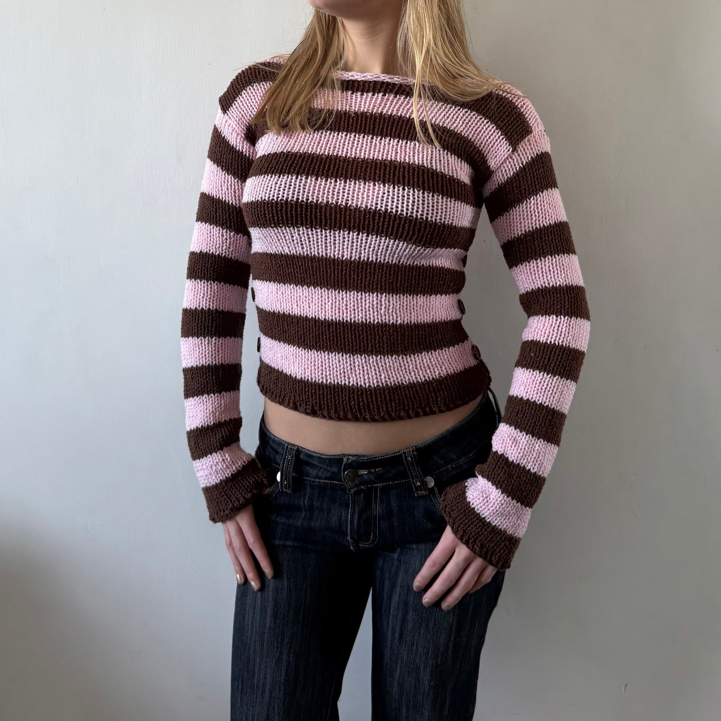 Stripe Button Jumper in Pink and Brown